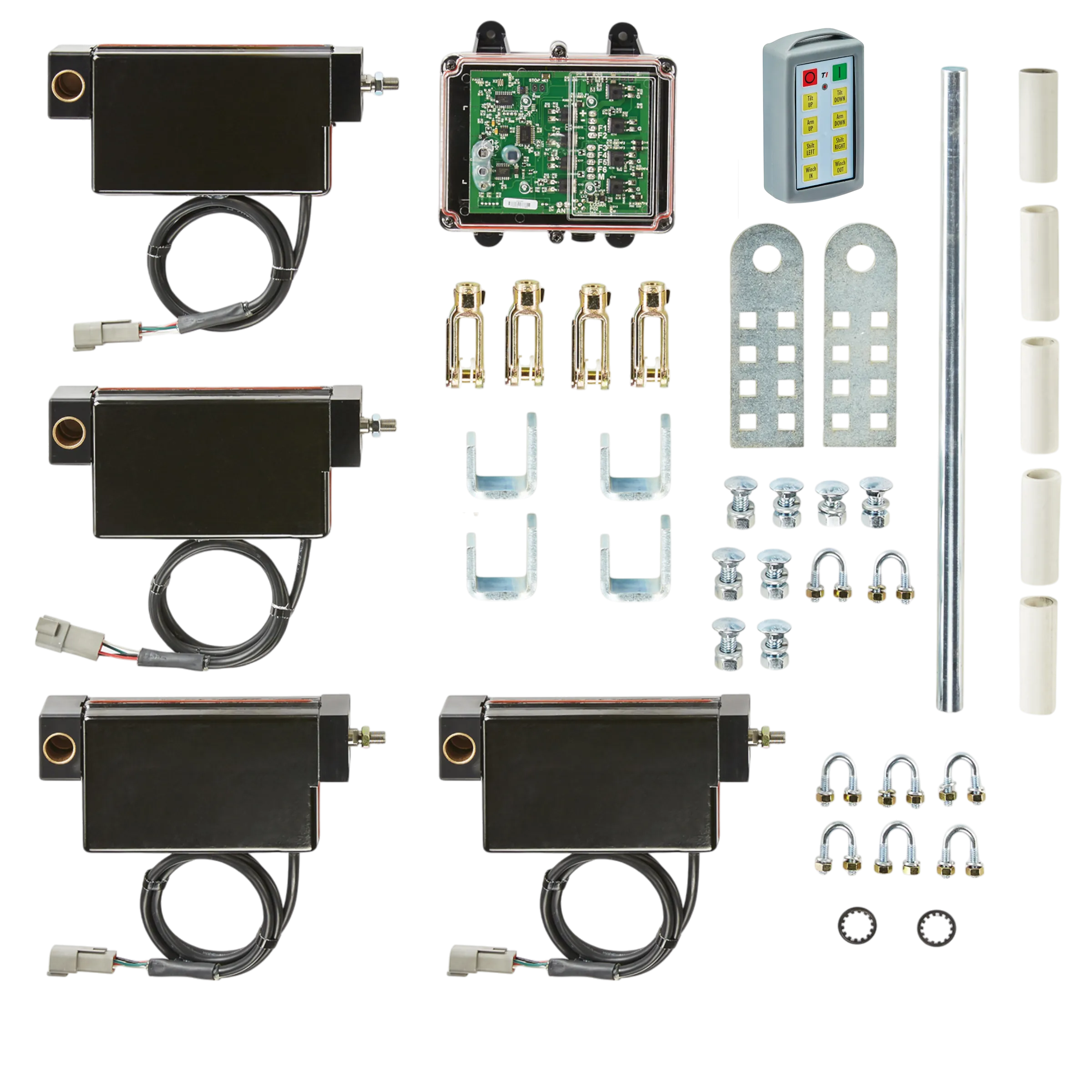 The Lodar LTD 8 Function Wireless System features a bolt-on electric actuator, control box, remote, brackets, rods, and hardware for central car locking.