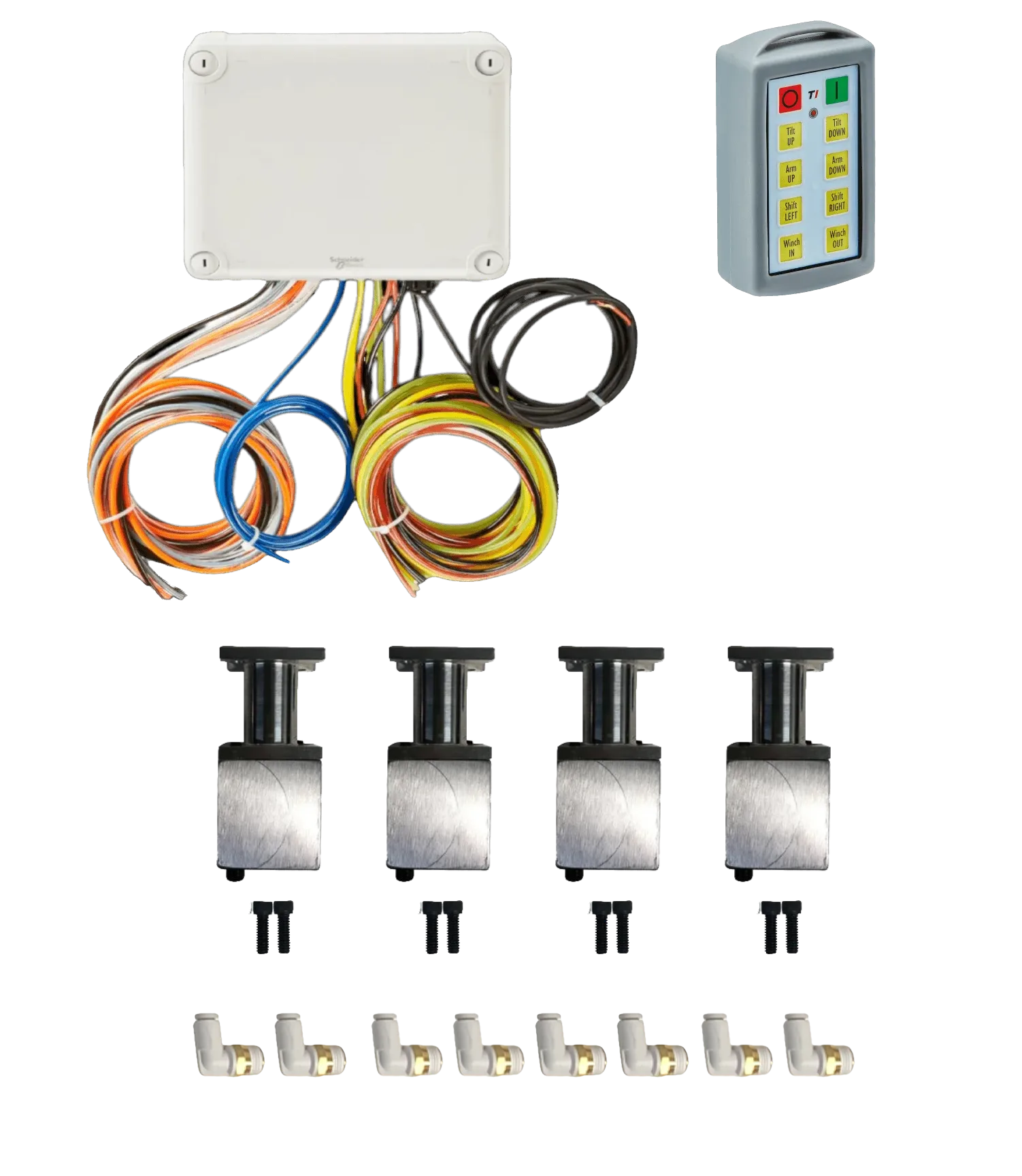 Lodar LTD 8 Function Wireless Air System with Bolt on Actuator (Husco Valve) shown with control panel, cables, four metal valves, and connectors arranged on a white background.