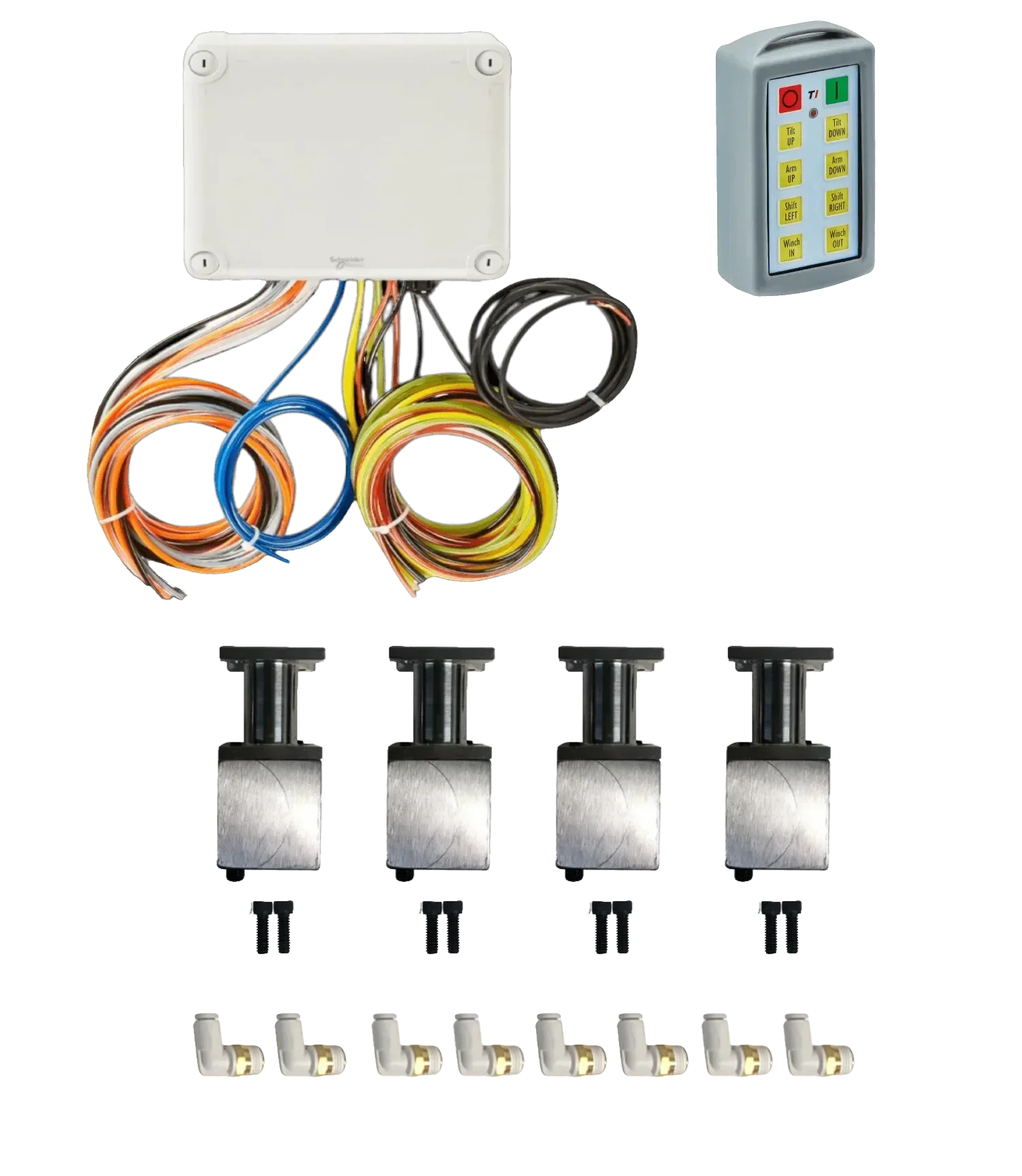PIERCE 8 Function Direct Mount Wireless Control for Jerr-Dan, featuring Husco valves and connectors, with control panel and wiring—displayed neatly on a white background.