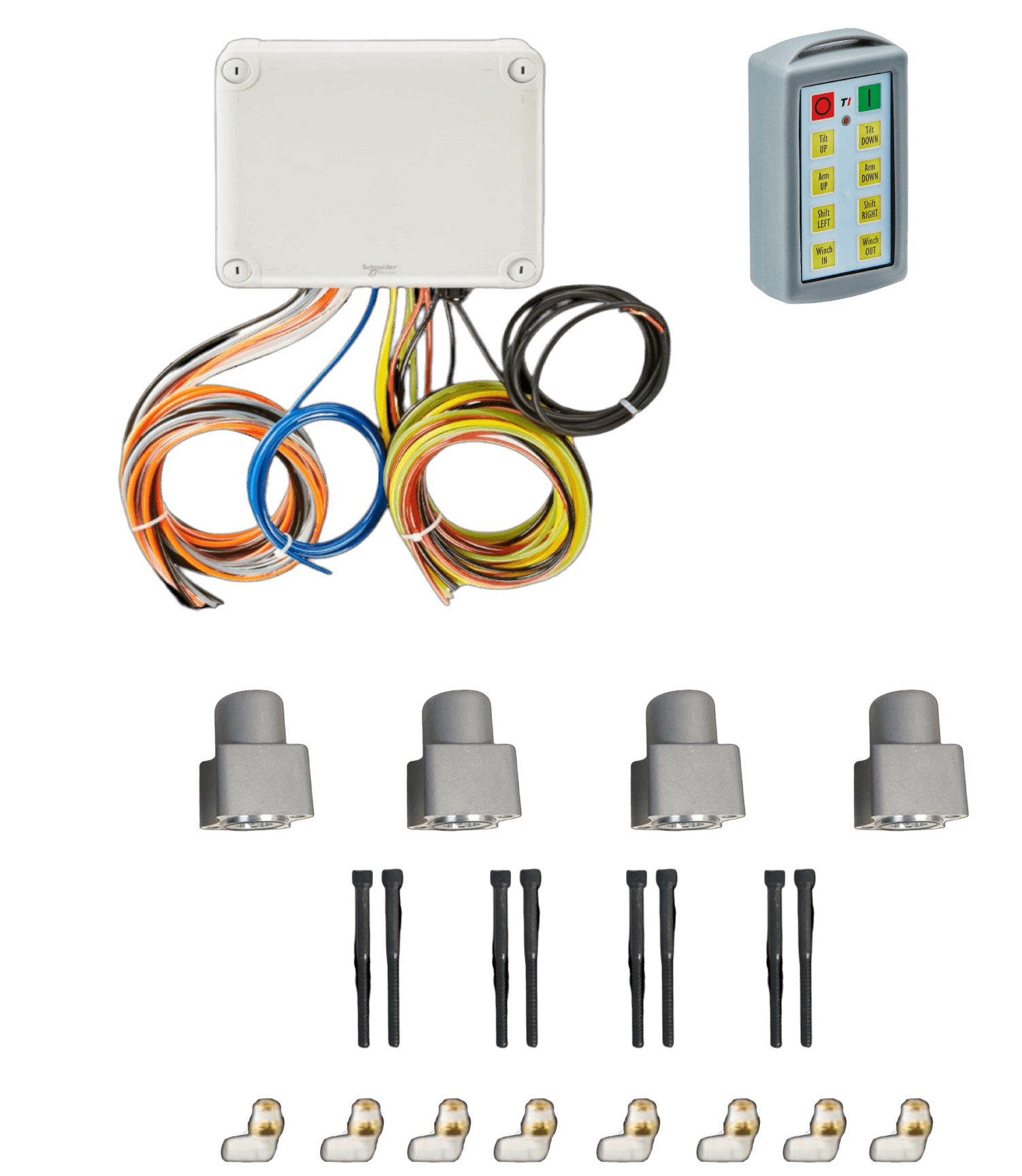 The Lodar LTD 8 Function Wireless Air System with Bolt on Actuator for Gresen Valve includes a control box, remote, wires, connectors, and four silver sensor units for Miller equipment, shown on a white background.