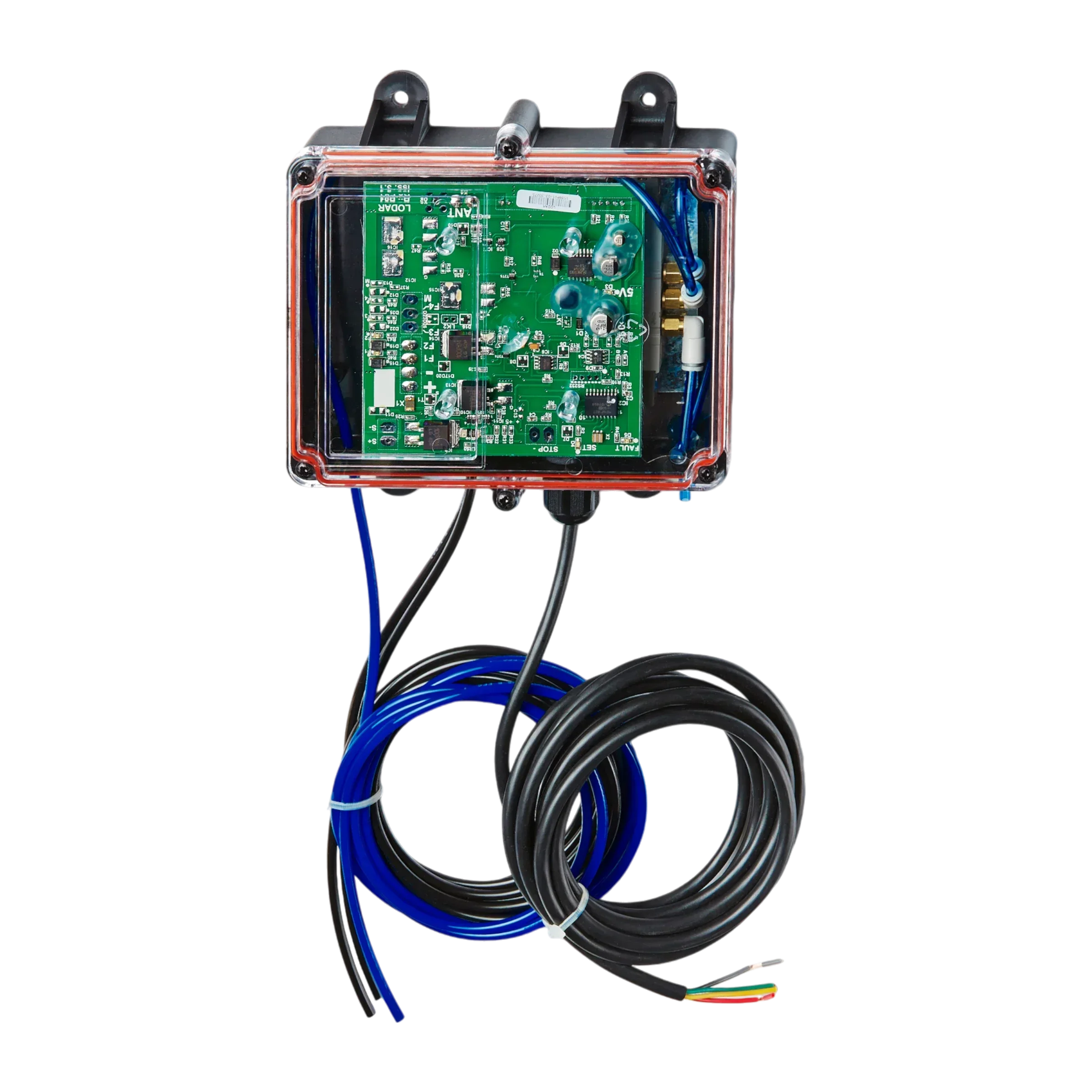 The 2 Function Lodar Replacement FET Air Receiver (92 Series, No Master Output) by Lodar Service features a green circuit board inside a black plastic box with blue and black cables attached.