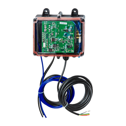 The 2 Function Lodar Replacement FET Air Receiver (92 Series, No Master Output) by Lodar Service features a green circuit board inside a black plastic box with blue and black cables attached.