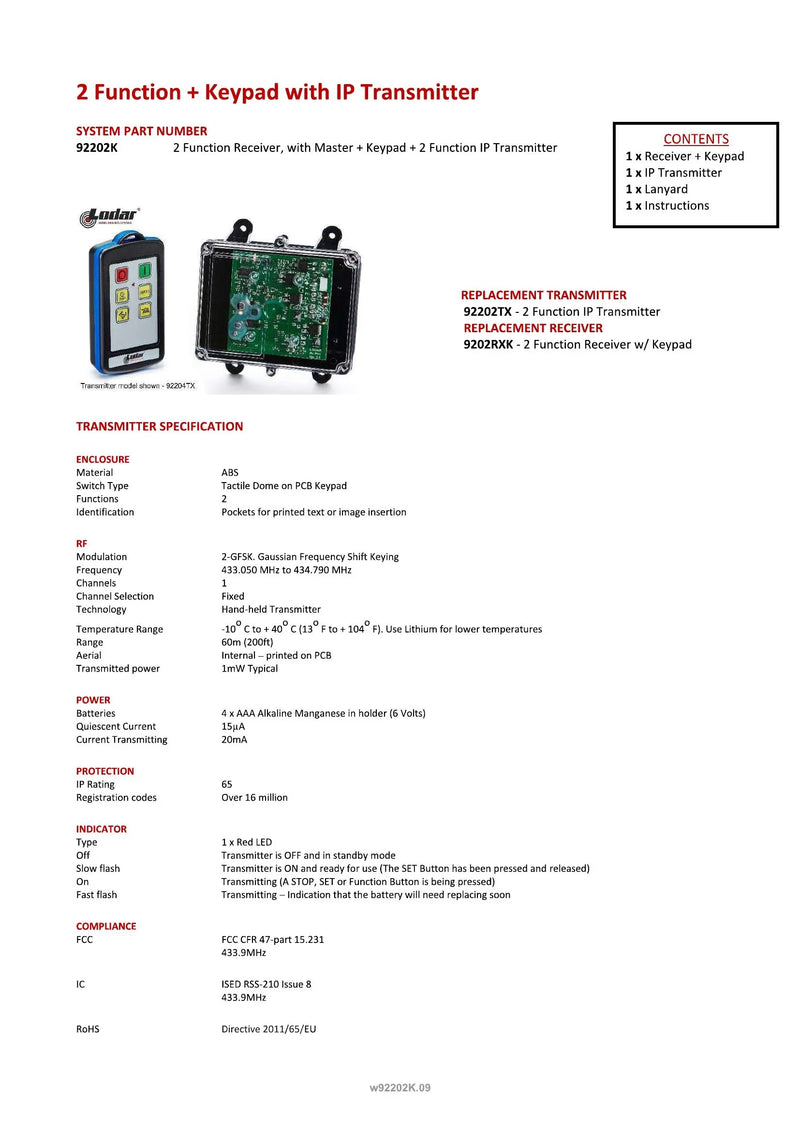 92202K - 2 Function + Keypad with IP Transmitter — Page 1