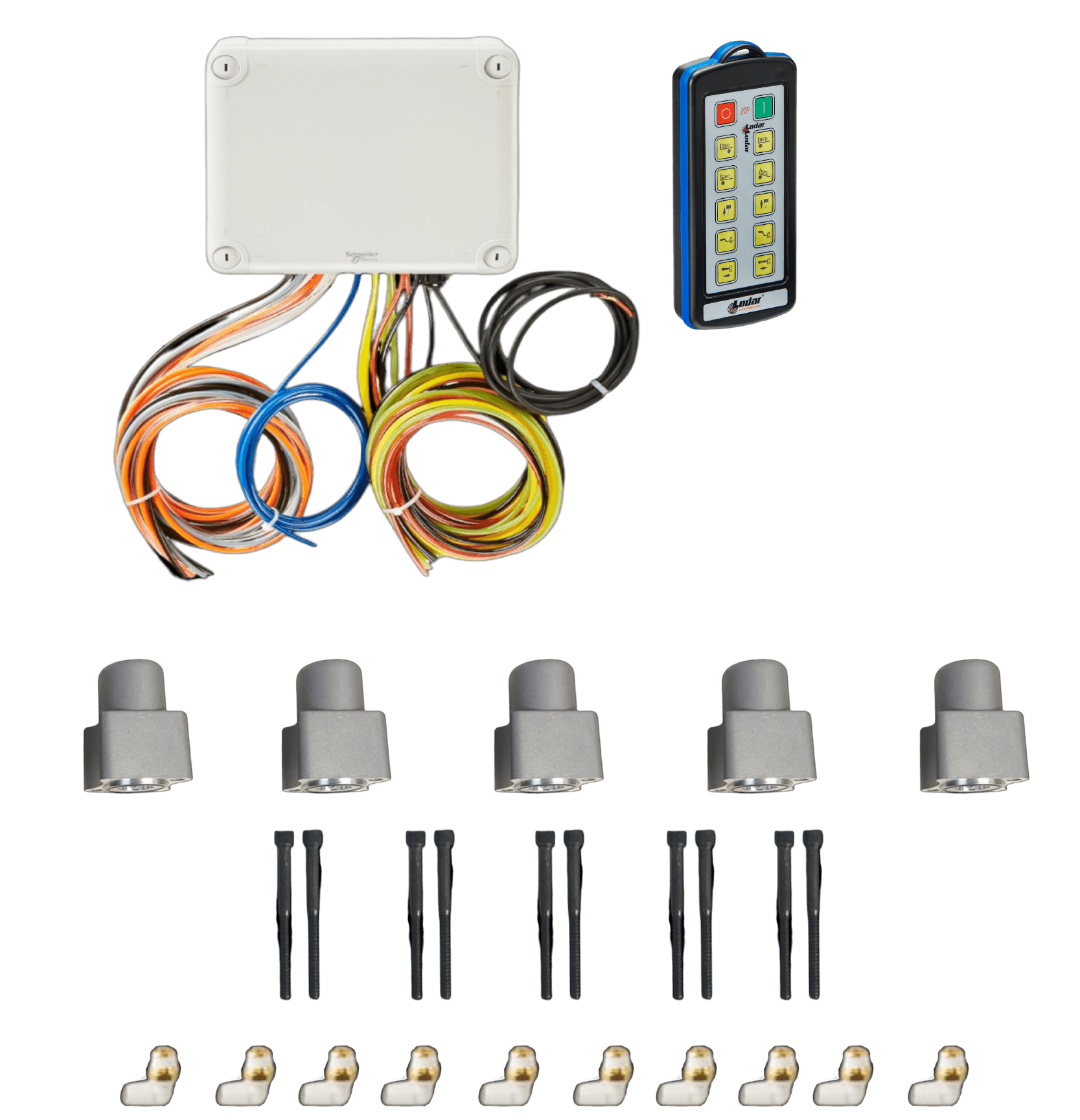 PIERCE 10 Function Direct Mount Wireless Air System for Miller (Gresen Valves) features control box, remote, four sensors, cables, and connectors—perfect for seamless integration with wireless valve control systems.