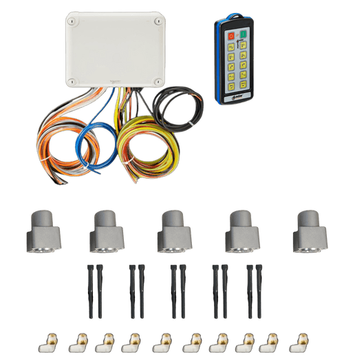 PIERCE 10 Function Direct Mount Wireless Air System for Miller (Gresen Valves) features control box, remote, four sensors, cables, and connectors—perfect for seamless integration with wireless valve control systems.