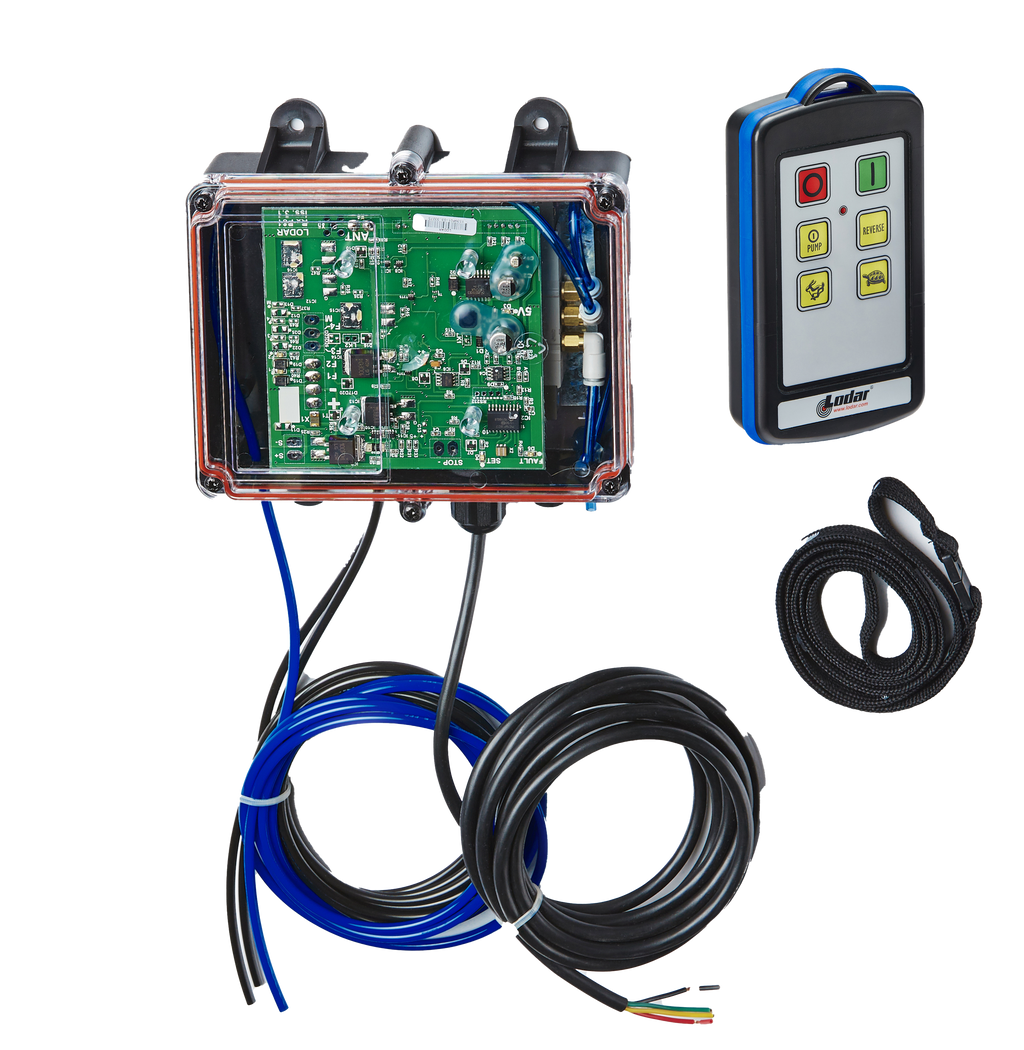 Lodar LTD 2 Function IP Wireless Actuator Control System (92 Series) with exposed circuit board, coiled black cable, and remote; FET Air Receiver included, no actuators. For use in Lodar wireless air actuator systems.