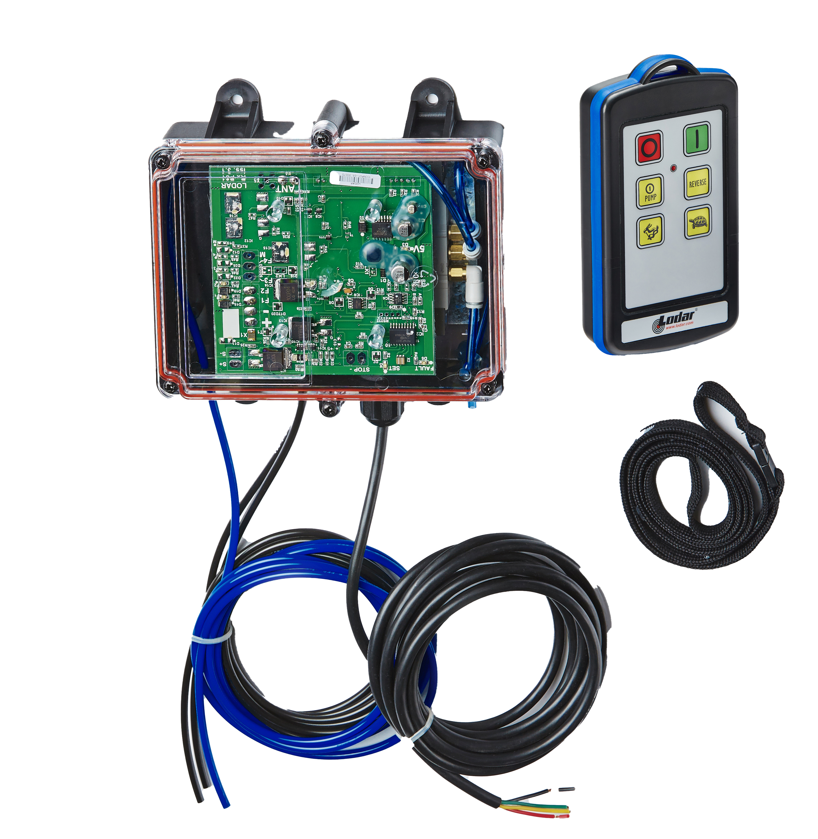 Lodar LTD 2 Function IP Wireless Actuator Control System (92 Series) with exposed circuit board, coiled black cable, and remote; FET Air Receiver included, no actuators. For use in Lodar wireless air actuator systems.