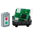 The Lodar LTD 1 Function 110V Standard Wireless Control System (96 Series Relay Receiver) features a remote control and an exposed electronic circuit board housed in a black plastic case with a DANGER label inside.