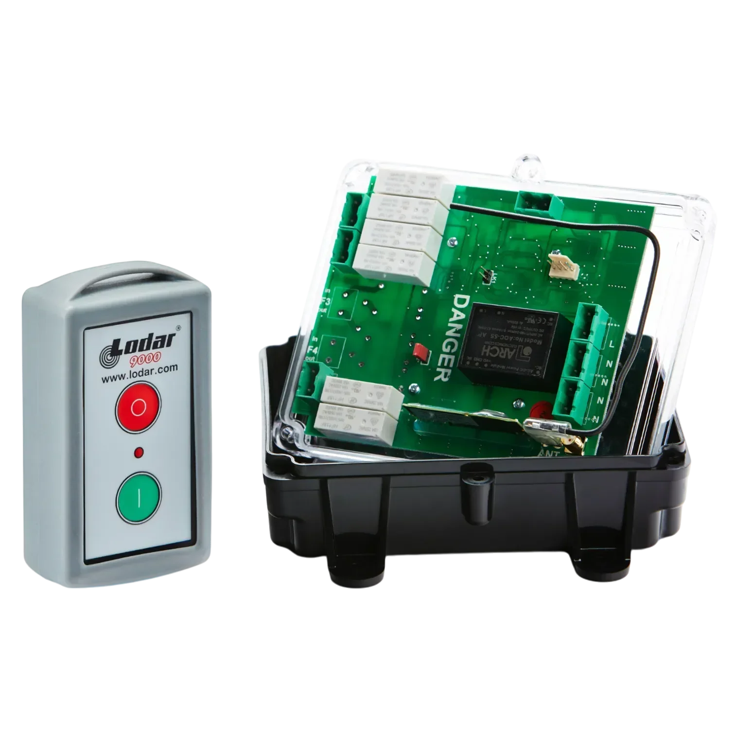 The Lodar LTD 1 Function 110V Standard Wireless Control System (96 Series Relay Receiver) features a remote control and an exposed electronic circuit board housed in a black plastic case with a DANGER label inside.