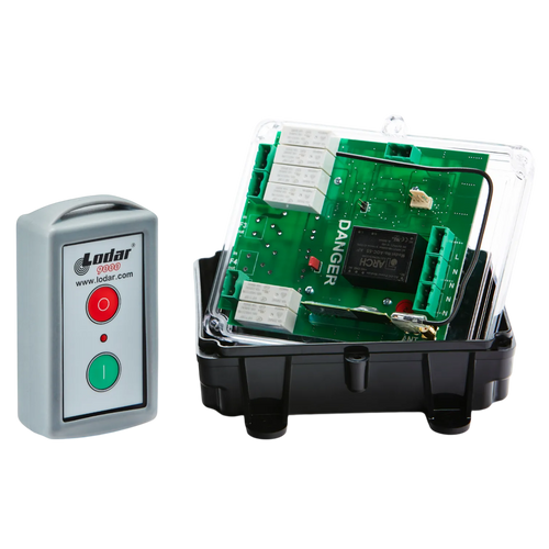 The Lodar LTD 1 Function 110V Standard Wireless Control System (96 Series Relay Receiver) features a remote control and an exposed electronic circuit board housed in a black plastic case with a DANGER label inside.