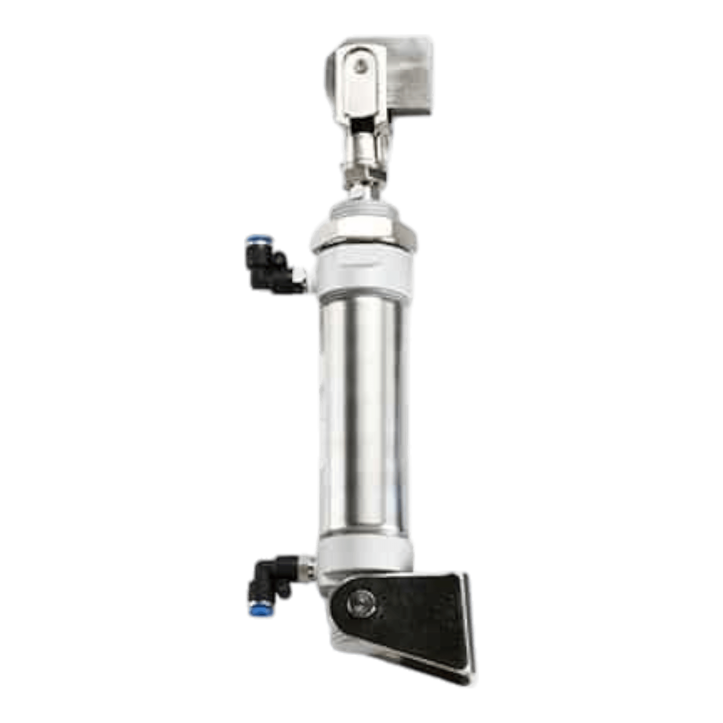 The Lodar Service Lodar Replacement Air Actuator is a metallic pneumatic cylinder with end fittings and mounting brackets, designed for seamless operation and ideal as a Lodar replacement, shown on a white background.