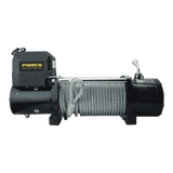 The PIERCE 12,000 lb Recovery Winch boasts a robust motor, zinc alloy gearbox, coiled steel cable, and a side-mounted control switch.