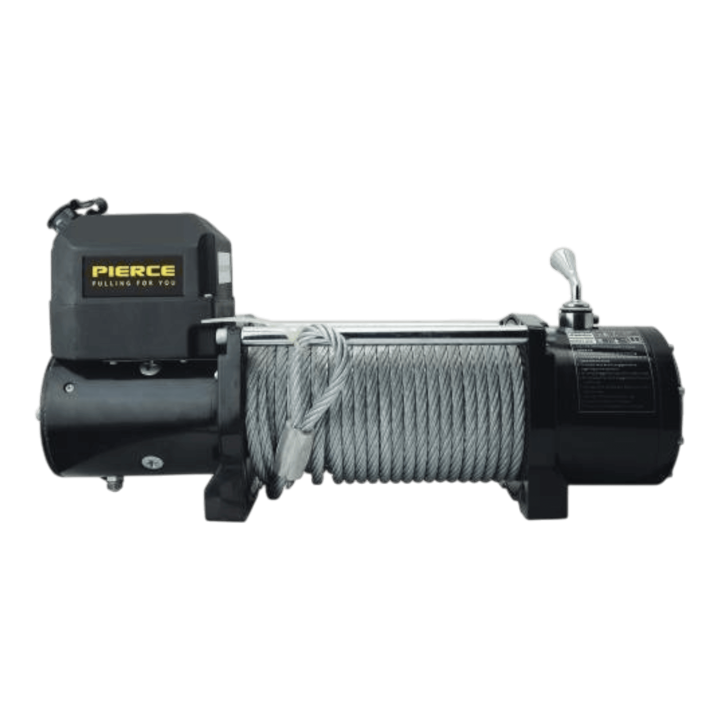 The PIERCE 12,000 lb Recovery Winch boasts a robust motor, zinc alloy gearbox, coiled steel cable, and a side-mounted control switch.