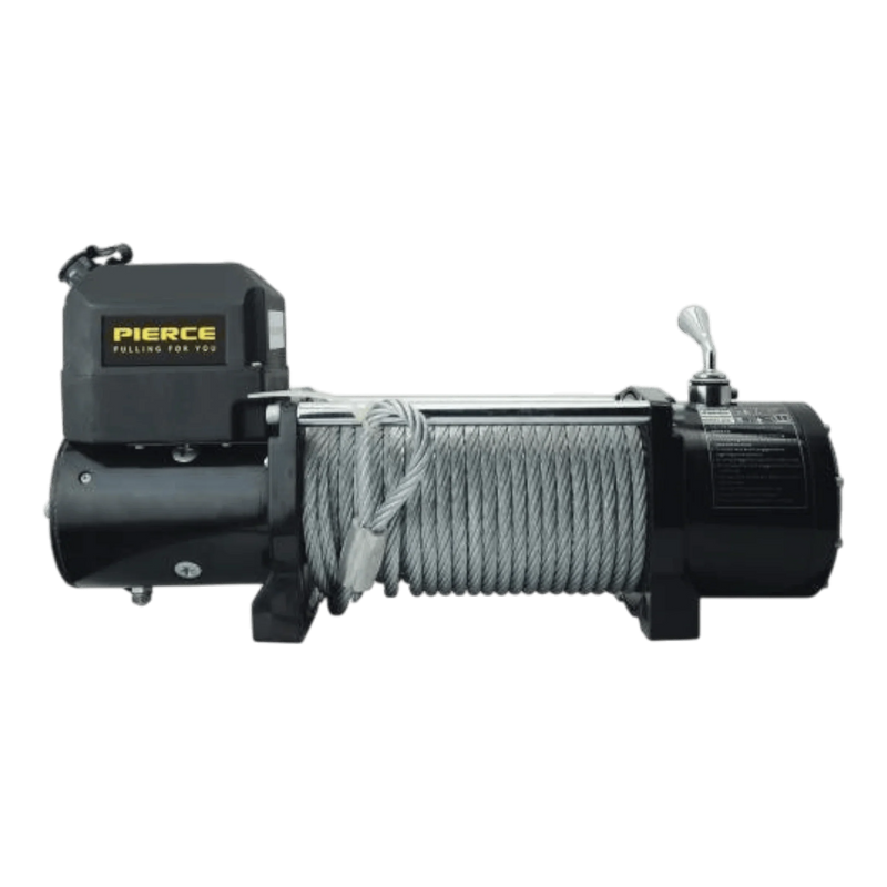 The PIERCE 12,000 lb Recovery Winch boasts a robust motor, zinc alloy gearbox, coiled steel cable, and a side-mounted control switch.