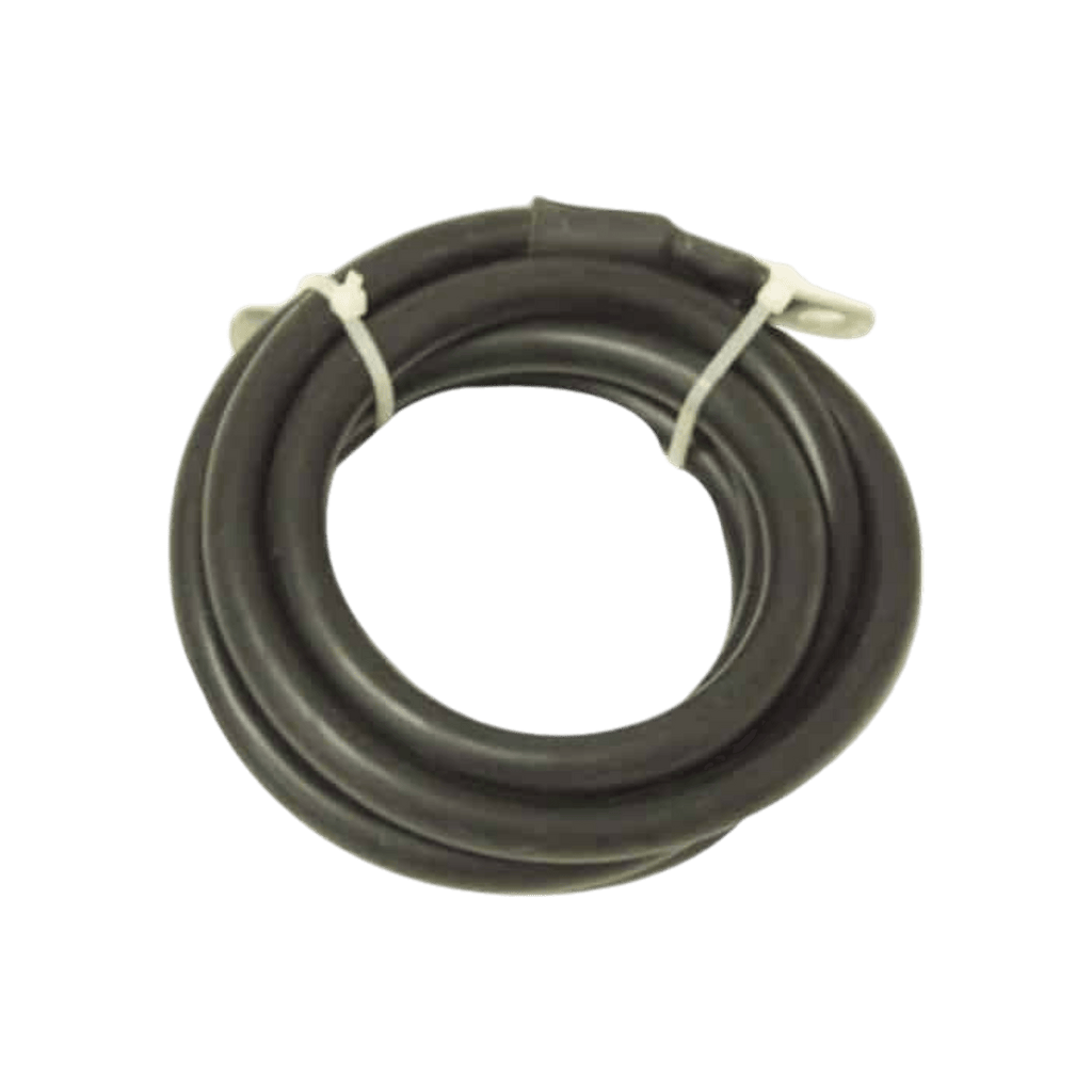 A coiled black rubber hose from PIERCE, secured with white ties on a white background, is perfect for use with the 9,000 lb Recovery Winch during trailer loading or vehicle recovery.