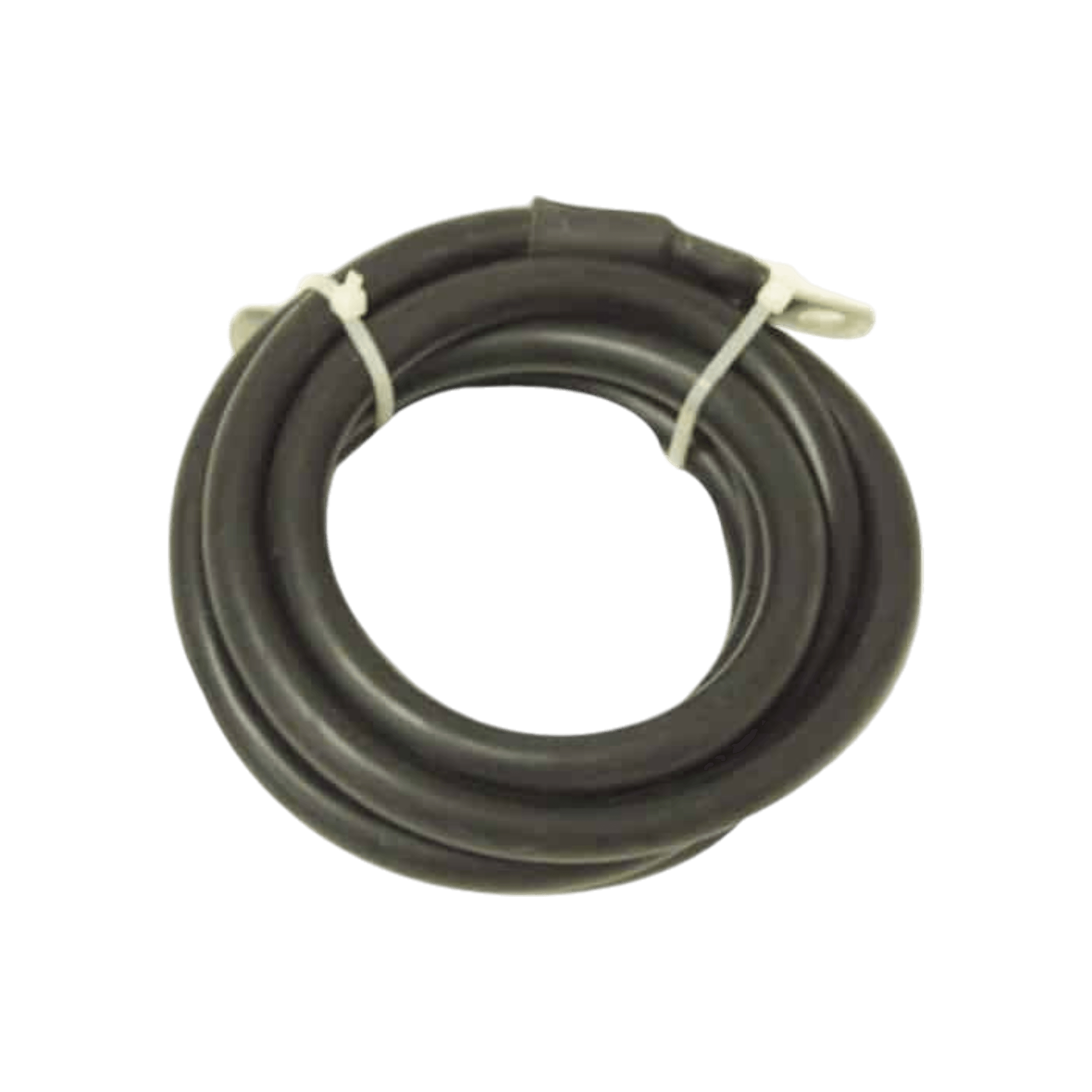A coiled black rubber hose from PIERCE, secured with white ties on a white background, is perfect for use with the 9,000 lb Recovery Winch during trailer loading or vehicle recovery.