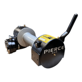 The PIERCE 9,000 lbs. 11 Drum Industrial Electric Winch is shown with a lever against a black background.