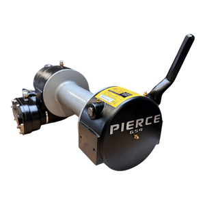 The PIERCE 9,000 lbs. 11 Drum Industrial Electric Winch is shown with a lever against a black background.