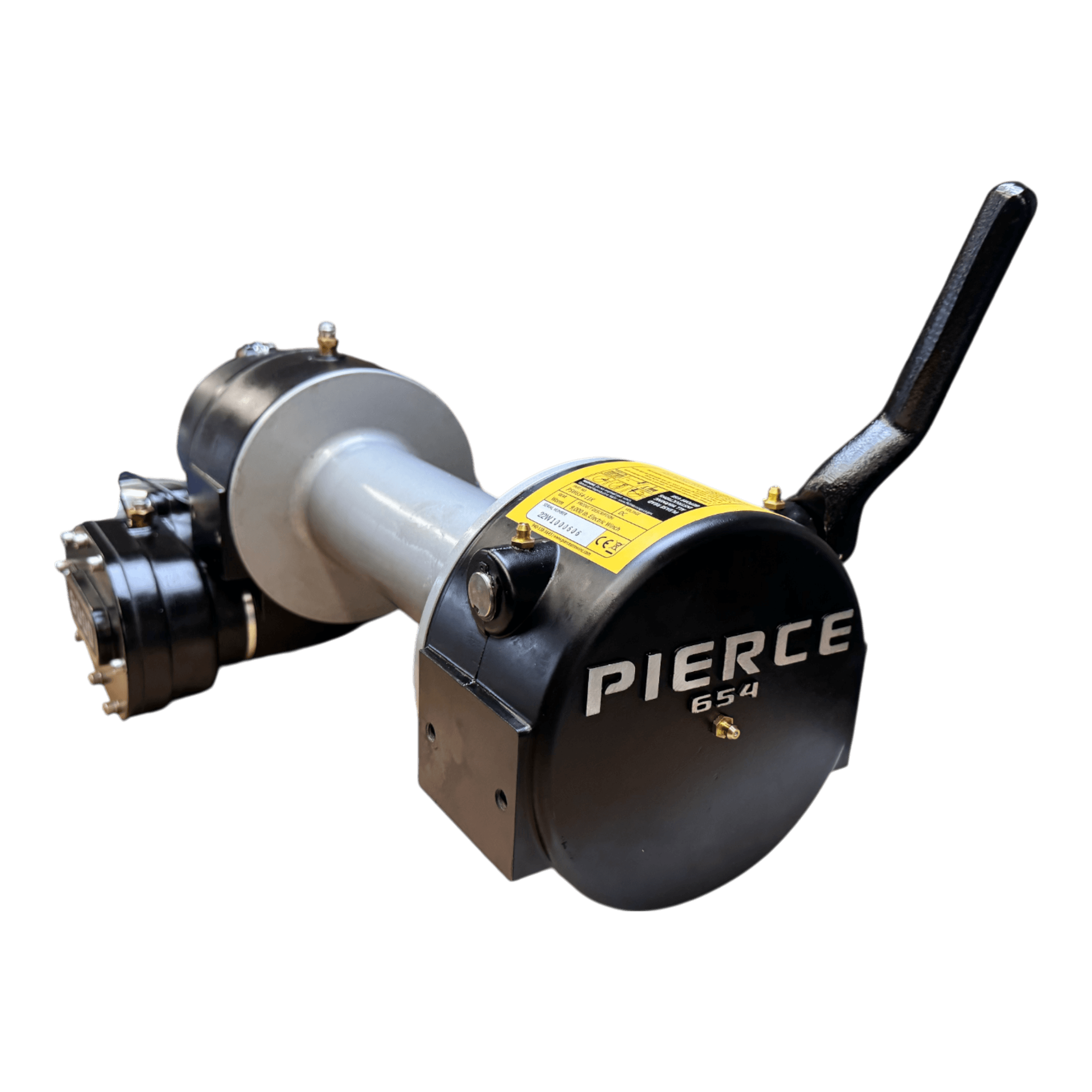 The PIERCE 9,000 lbs. 11 Drum Industrial Electric Winch is shown with a lever against a black background.