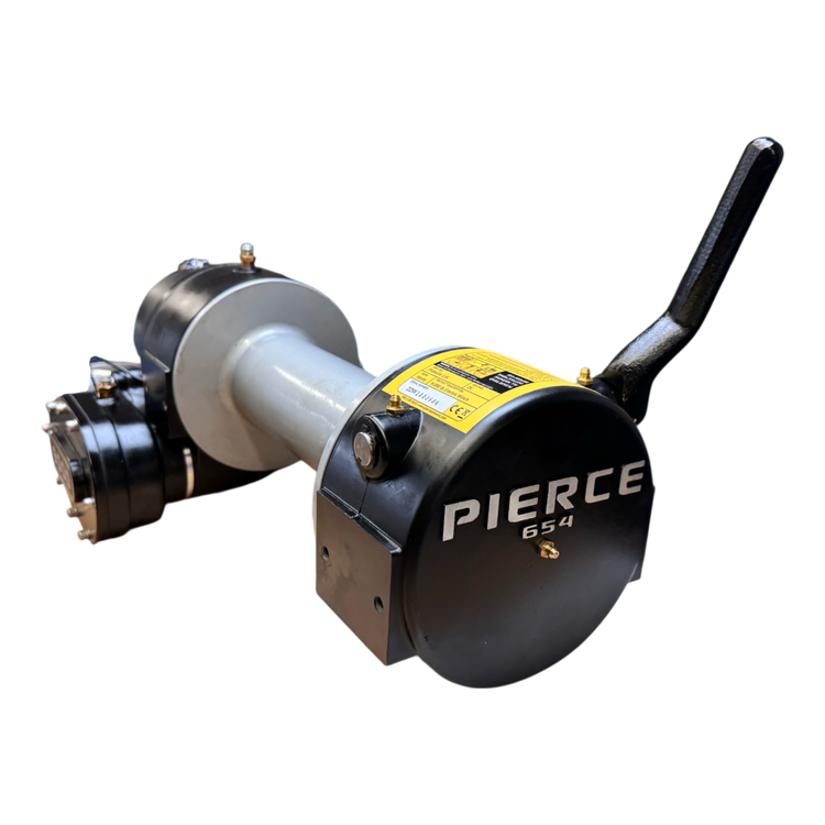The PIERCE 9,000 lbs. 11 Drum Industrial Electric Winch is shown with a lever against a black background.