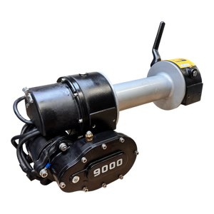 The PIERCE 9,000 lbs. 11 Drum Industrial Electric Winch features black and metallic elements and a handle, delivering 9,000 lbs of pulling force.