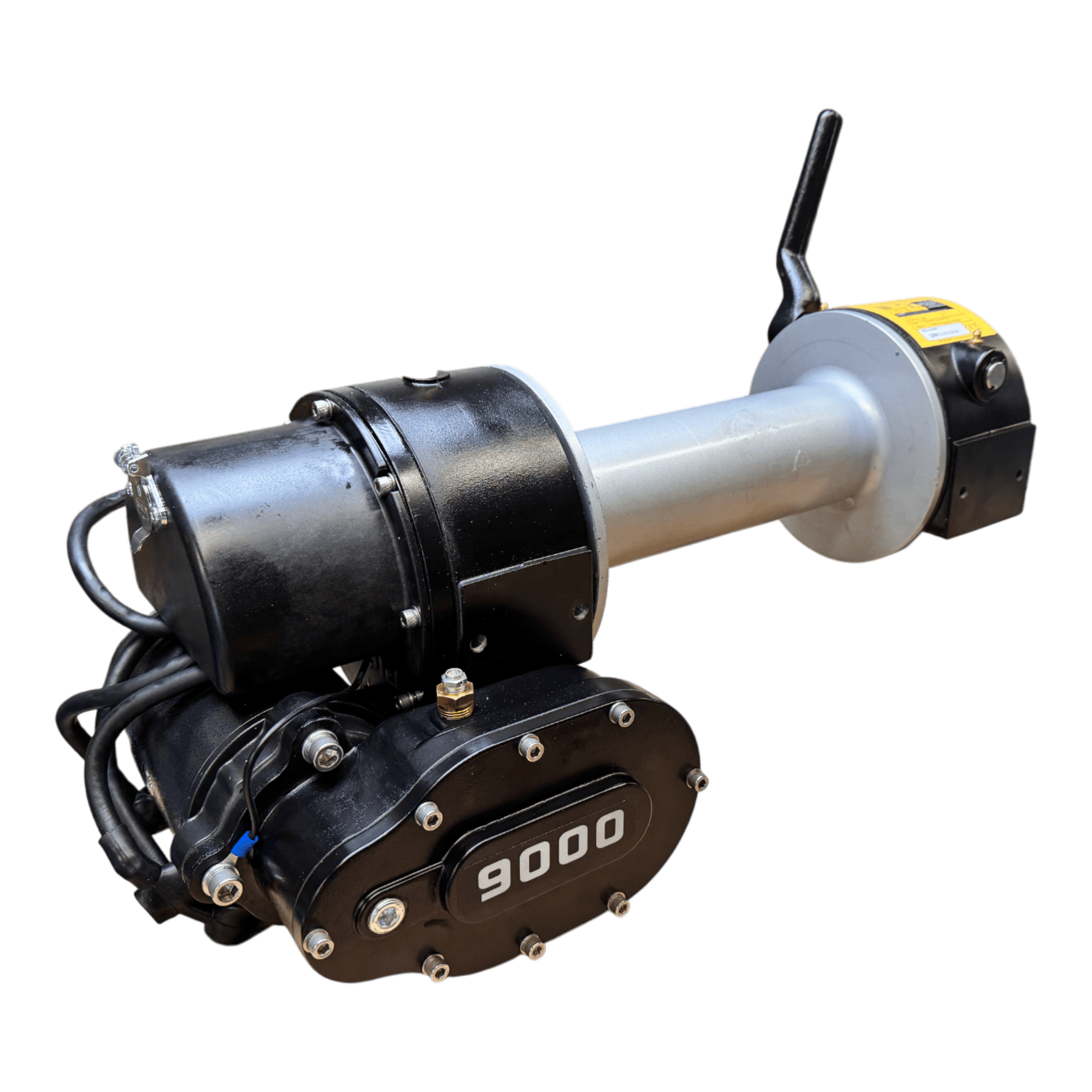 The PIERCE 9,000 lbs. 11 Drum Industrial Electric Winch features black and metallic elements and a handle, delivering 9,000 lbs of pulling force.