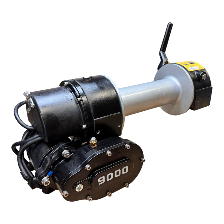 The PIERCE 9,000 lbs. 11 Drum Industrial Electric Winch features black and metallic elements and a handle, delivering 9,000 lbs of pulling force.