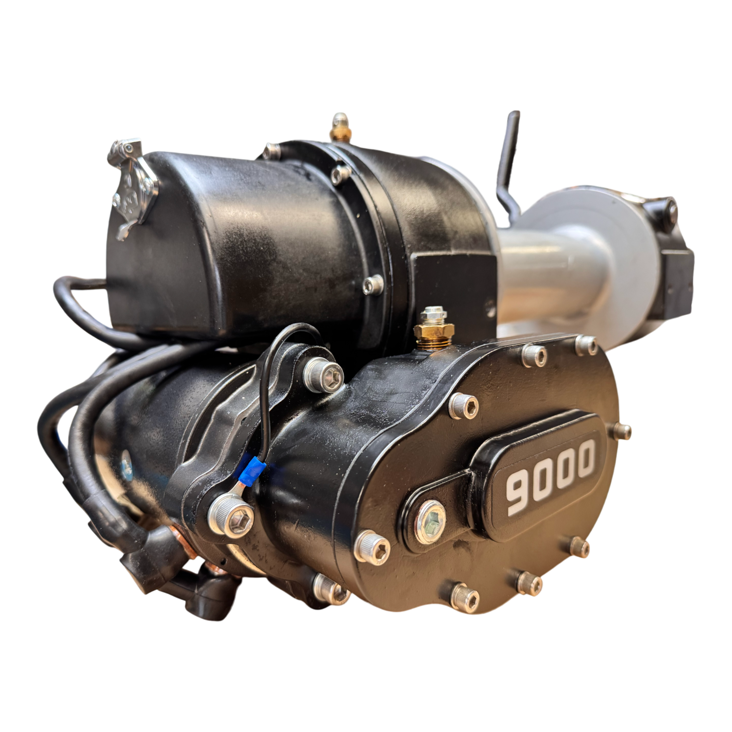 The PIERCE 9,000 lbs. 11 Drum Industrial Electric Winch features a black metal body with bolts and cables for powerful pulling, isolated on a white background.