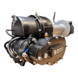 The PIERCE 9,000 lbs. 11 Drum Industrial Electric Winch features a black metal body with bolts and cables for powerful pulling, isolated on a white background.
