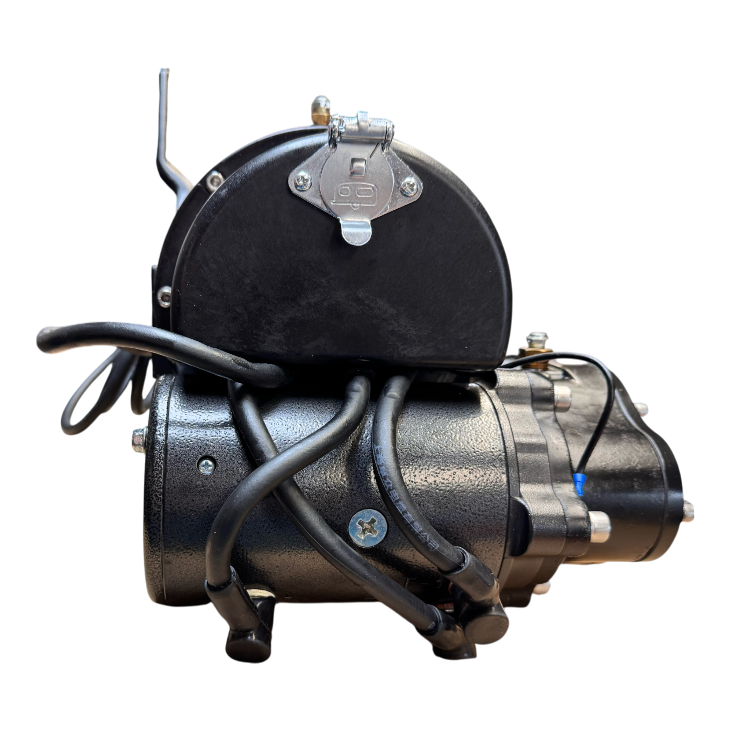 The PIERCE 9,000 lbs. 11 Drum Industrial Electric Winch features a black motor with attached wires and metal casing, shown from the side against a white background.
