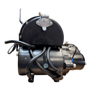 The PIERCE 9,000 lbs. 11 Drum Industrial Electric Winch features a black motor with attached wires and metal casing, shown from the side against a white background.