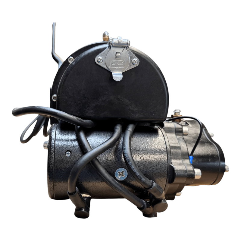 The PIERCE 9,000 lbs. 11" Drum Industrial Electric Winch, featuring multiple cables and bolts, is shown in a side view against a white background.