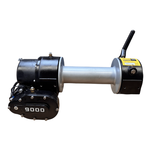 The PIERCE 9,000 lbs. 11" Drum Industrial Electric Winch in black and silver with a handle is perfect for recovery tasks, shown isolated on a white background.