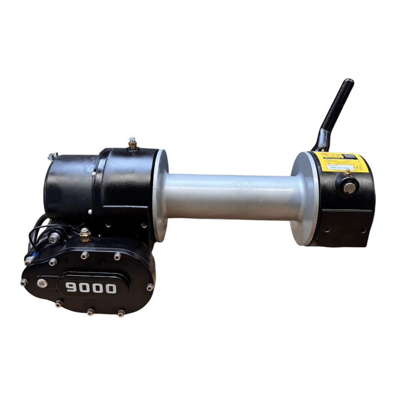 The PIERCE 9,000 lbs. 11" Drum Industrial Electric Winch in black and silver with a handle is perfect for recovery tasks, shown isolated on a white background.