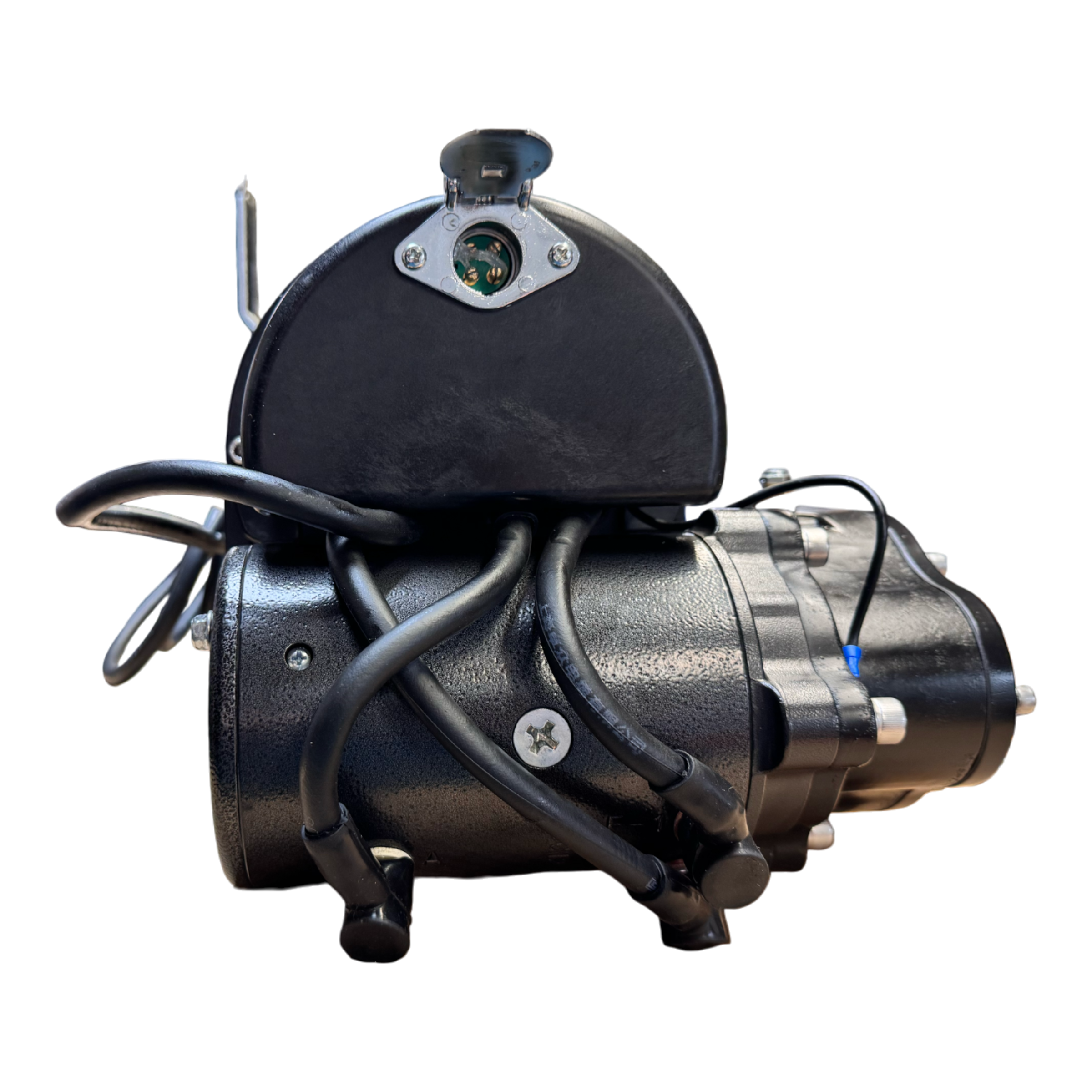 The PIERCE 9,000 lbs. 11 Drum Industrial Electric Winch motor, shown front-facing with visible wiring and connectors, is engineered for dependable pulling power in worm gear winch applications.