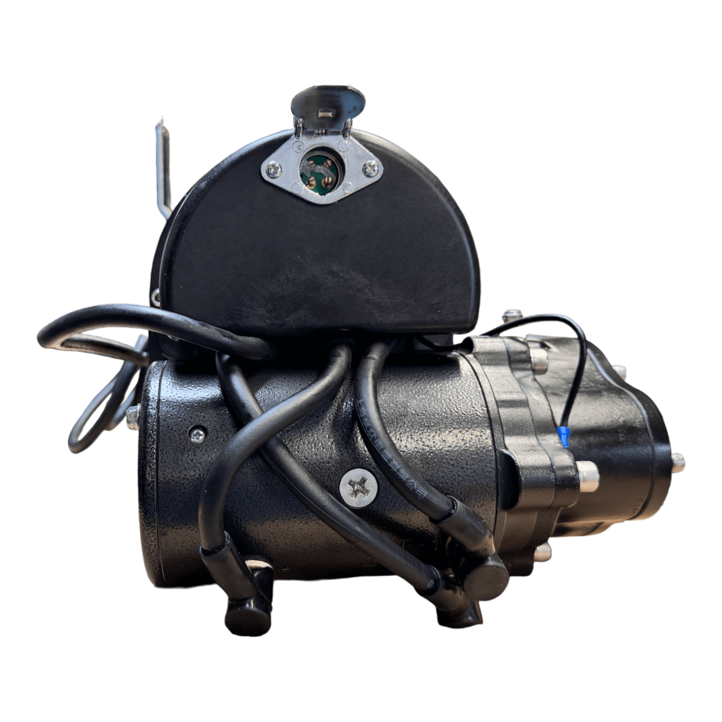 The PIERCE 9,000 lbs. 11 Drum Industrial Electric Winch motor, shown front-facing with visible wiring and connectors, is engineered for dependable pulling power in worm gear winch applications.