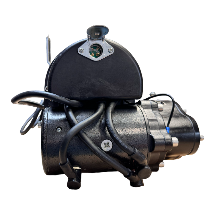 The PIERCE 9,000 lbs. 11 Drum Industrial Electric Winch motor, shown front-facing with visible wiring and connectors, is engineered for dependable pulling power in worm gear winch applications.