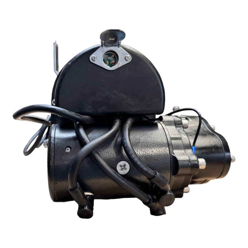 The PIERCE 9,000 lbs. 11 Drum Industrial Electric Winch motor, shown front-facing with visible wiring and connectors, is engineered for dependable pulling power in worm gear winch applications.