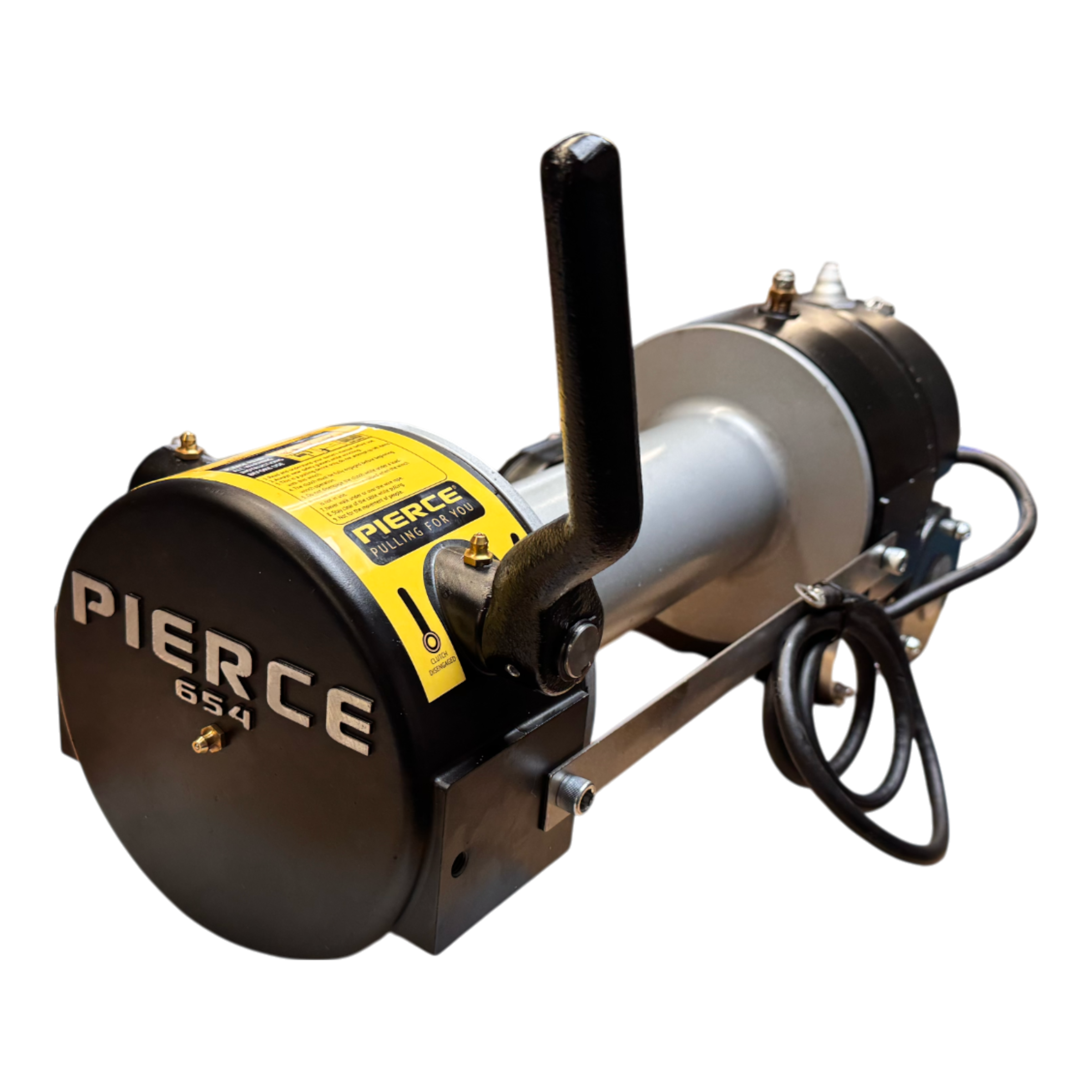 PIERCE 9,000 lbs. 11 Drum Industrial Electric Winch with handle and power cord, offering strong pulling force, isolated on white background.
