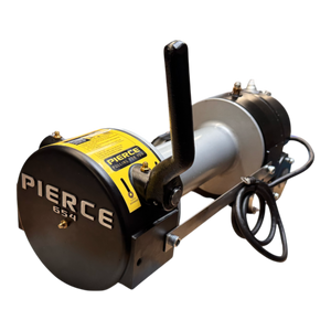 PIERCE 9,000 lbs. 11 Drum Industrial Electric Winch with handle and power cord, offering strong pulling force, isolated on white background.