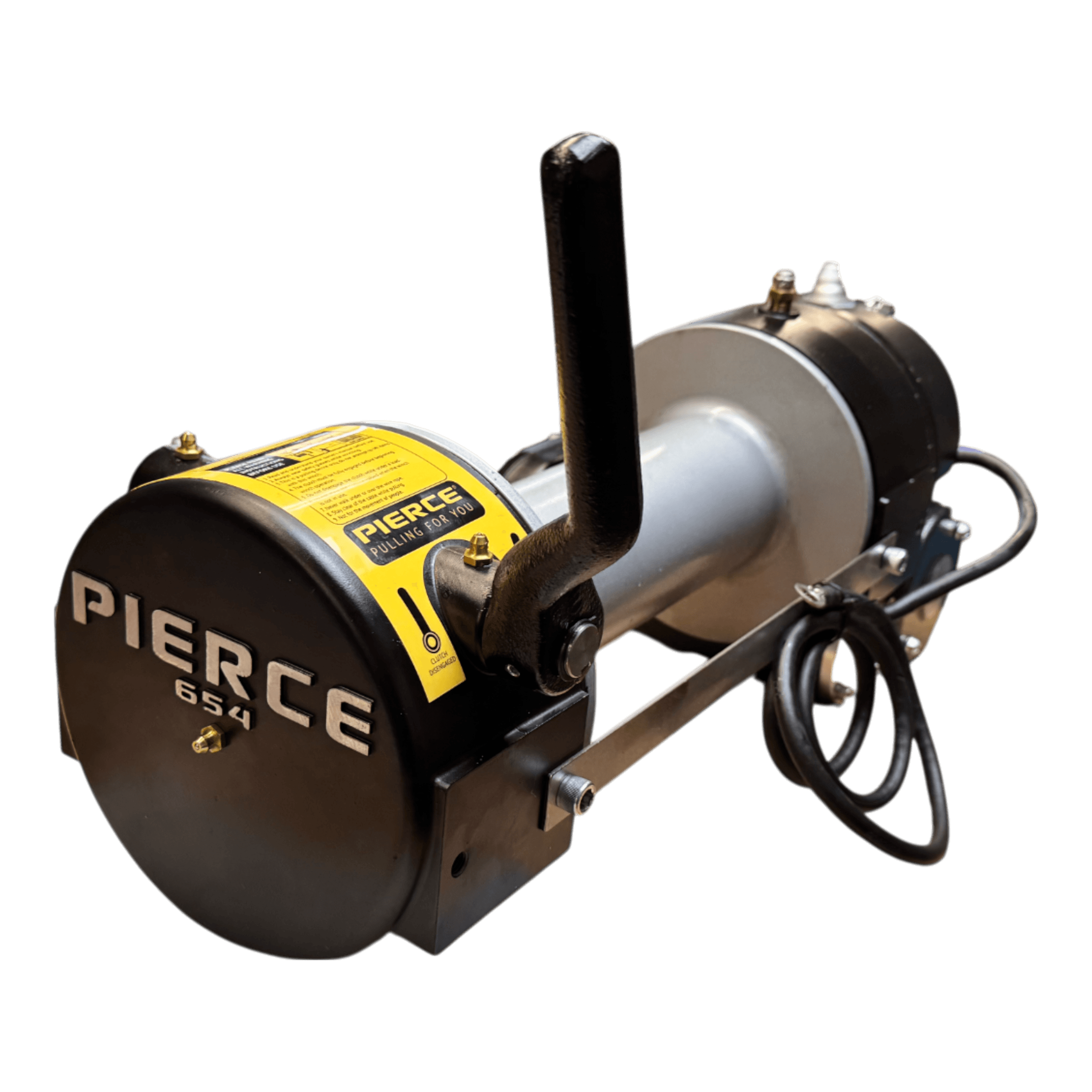 PIERCE 9,000 lbs. 11 Drum Industrial Electric Winch with handle and power cord, offering strong pulling force, isolated on white background.
