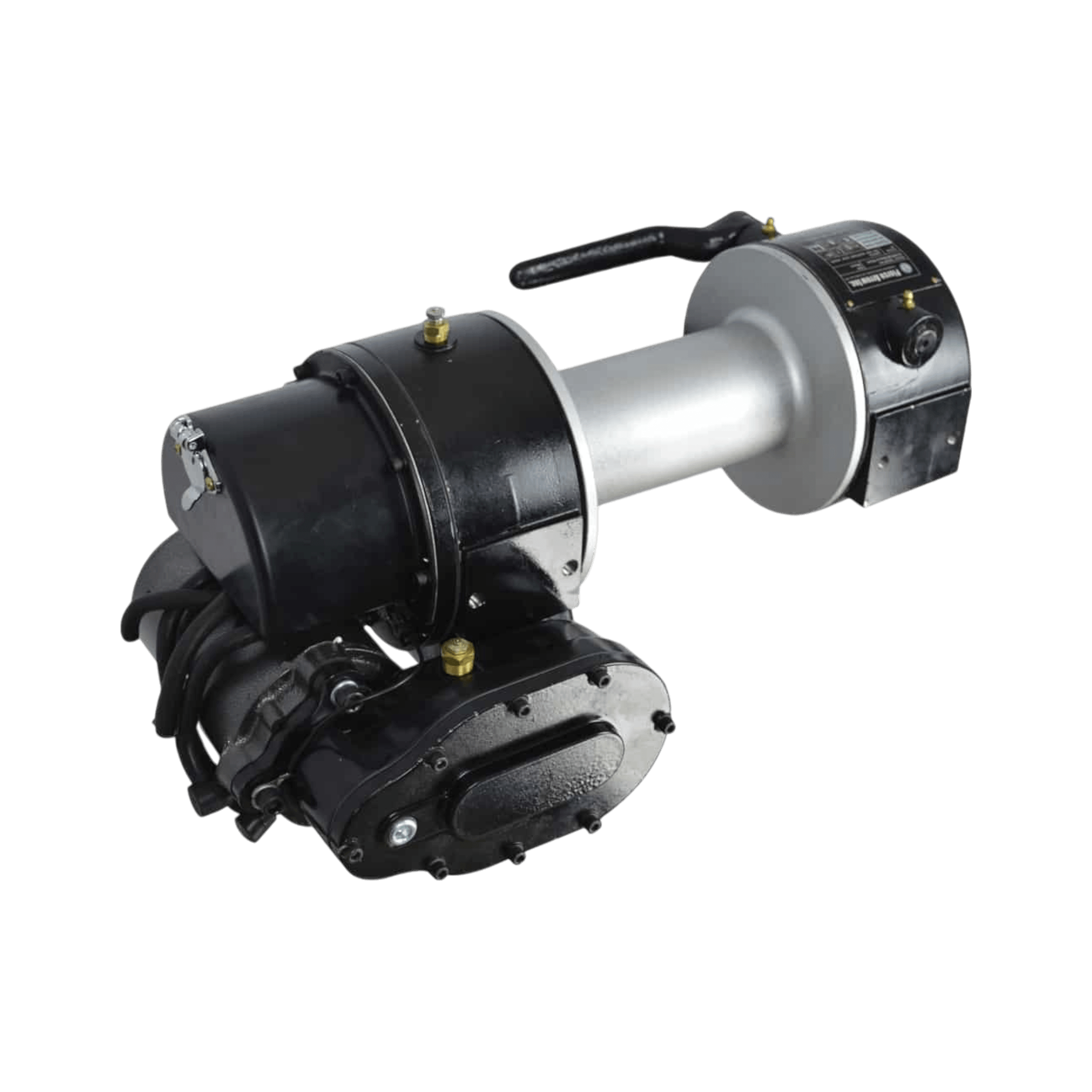 Internal - Pierce Assembly Team 9,000 lbs. 8" Drum Industrial Electric Winch featuring black and silver metal parts with a handle, shown isolated on a white background.