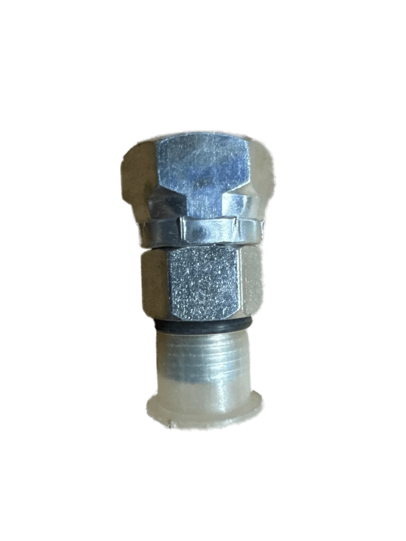 A close-up of the PIERCE Hydraulics Fitting - Boss Thread - Swivel, featuring a male 9/16 in x female 3/8 in connection, with a hexagonal nut and plastic cap, resembling connectors used in hydraulic lines.