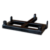 The PIERCE Drop Hinge for Gooseneck Bale Spear features a black metal design with a rectangular base and four mounting points, offering versatility and precision integration, all against a dark backdrop.