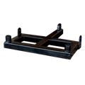 The PIERCE Drop Hinge for Gooseneck Bale Spear features a black metal design with a rectangular base and four mounting points, offering versatility and precision integration, all against a dark backdrop.