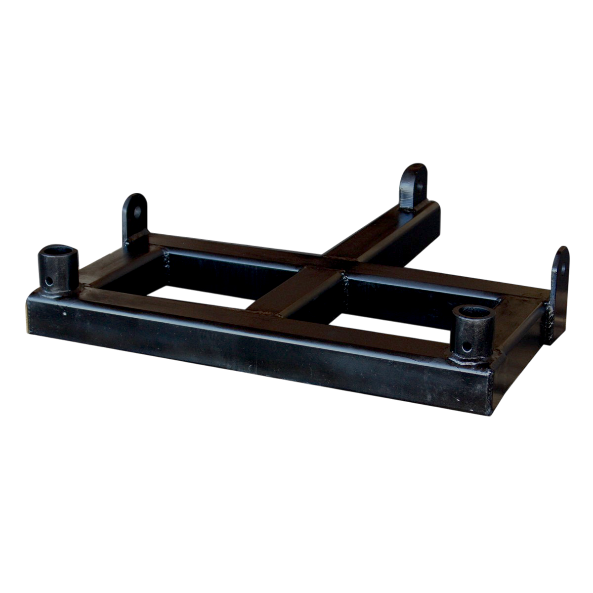 The PIERCE Drop Hinge for Gooseneck Bale Spear features a black metal design with a rectangular base and four mounting points, offering versatility and precision integration, all against a dark backdrop.