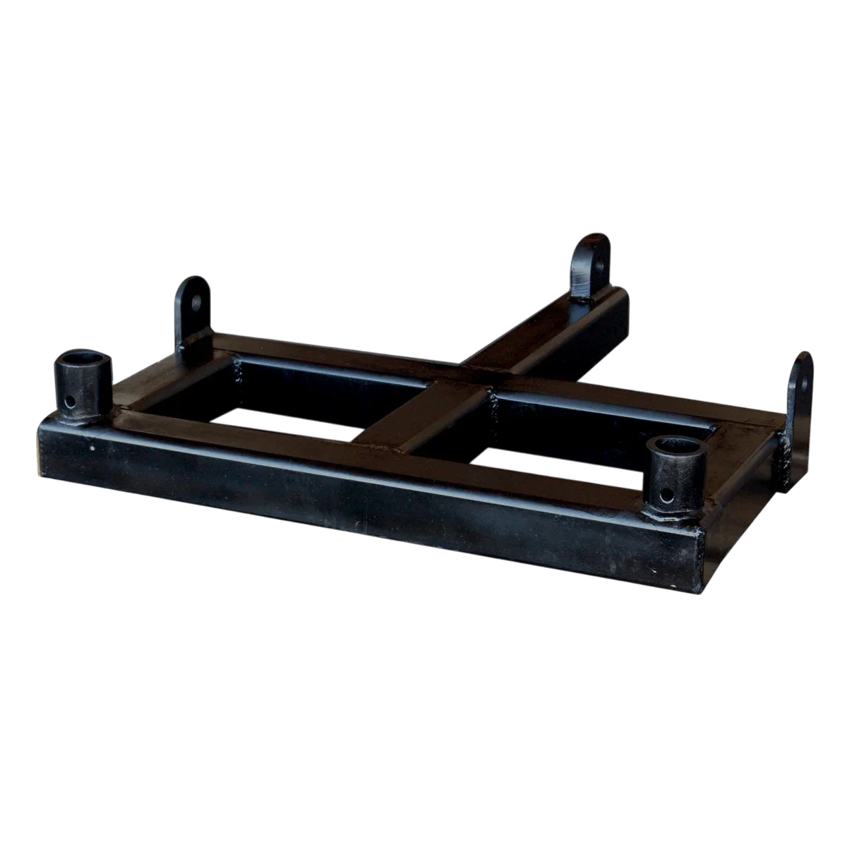 The PIERCE Drop Hinge for Gooseneck Bale Spear features a black metal design with a rectangular base and four mounting points, offering versatility and precision integration, all against a dark backdrop.