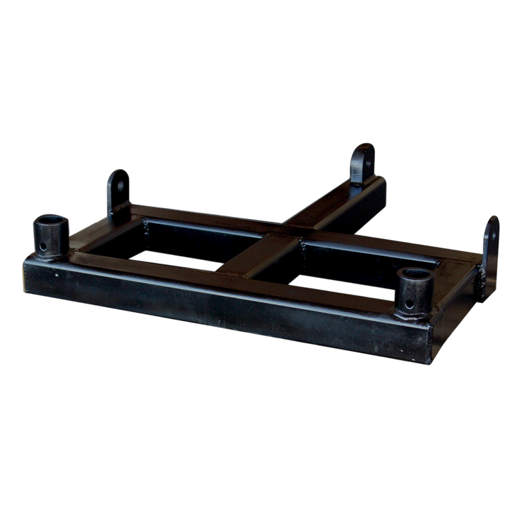 The PIERCE Drop Hinge for Gooseneck Bale Spear features a black metal design with a rectangular base and four mounting points, offering versatility and precision integration, all against a dark backdrop.