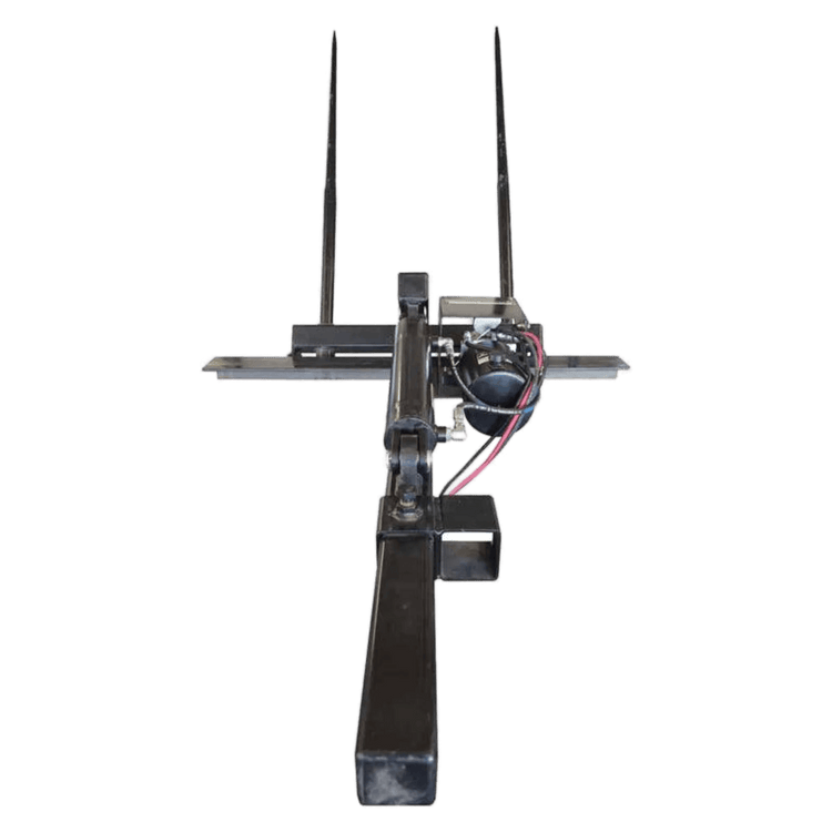 Front view of the PIERCE Truck Bed Gooseneck Hay Bale Mover, featuring two long metal spears and hydraulic components, designed for efficient hay transport with hydraulic operation.