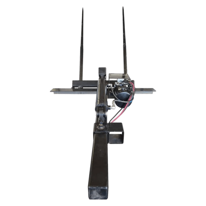 Front view of the PIERCE Truck Bed Gooseneck Hay Bale Mover, a metal attachment with hydraulic mechanism for efficient hay bale handling.